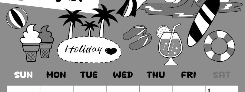 2026年8月縦型モノクロの日曜始まり 海岸イラストのかわいいA4無料白黒カレンダー(2026-00380810)