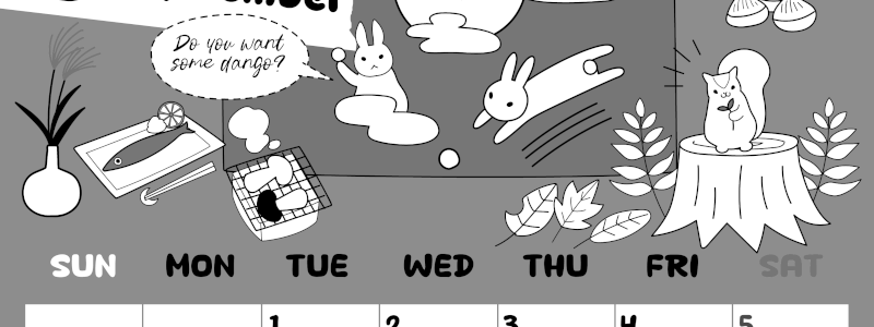 2026年9月縦型モノクロの日曜始まり 森の動物イラストがかわいいA4無料白黒カレンダー(2026-00380910)