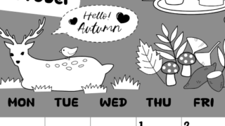 2026年10月縦型モノクロの日曜始まり 鹿のイラストがかわいいA4無料白黒カレンダー(2026-00381010)