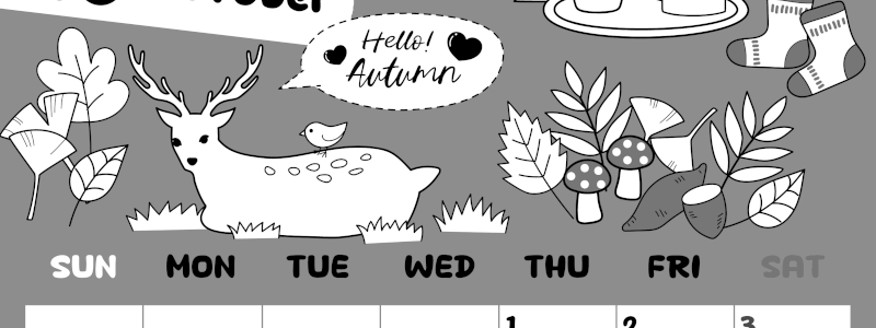 2026年10月縦型モノクロの日曜始まり 鹿のイラストがかわいいA4無料白黒カレンダー(2026-00381010)