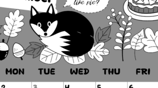 2026年11月縦型モノクロの日曜始まり アップルパイのイラストがかわいいA4無料白黒カレンダー(2026-00381110)