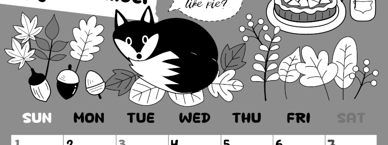 2026年11月縦型モノクロの日曜始まり アップルパイのイラストがかわいいA4無料白黒カレンダー(2026-00381110)