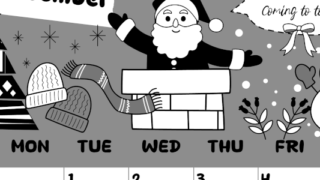 2026年12月縦型モノクロの日曜始まり サンタのイラストがかわいいA4無料白黒カレンダー(2026-00381210)