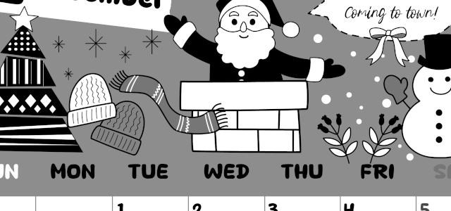 2026年12月縦型モノクロの日曜始まり サンタのイラストがかわいいA4無料白黒カレンダー(2026-00381210)