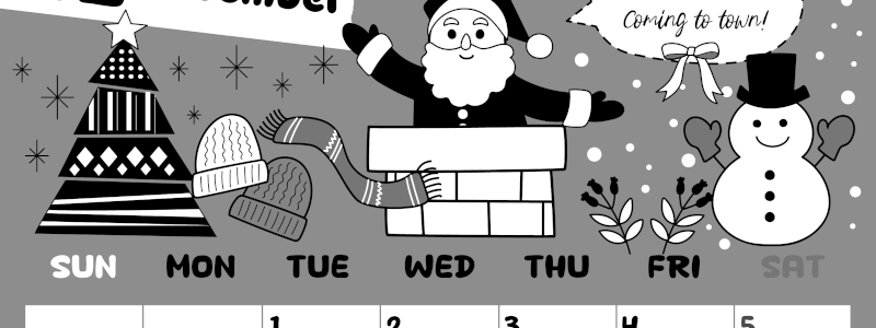 2026年12月縦型モノクロの日曜始まり サンタのイラストがかわいいA4無料白黒カレンダー(2026-00381210)