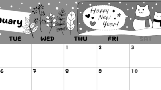 2026年1月横型モノクロの月曜始まり 雪と猫イラストのかわいいA4無料白黒カレンダー(2026-00380101)