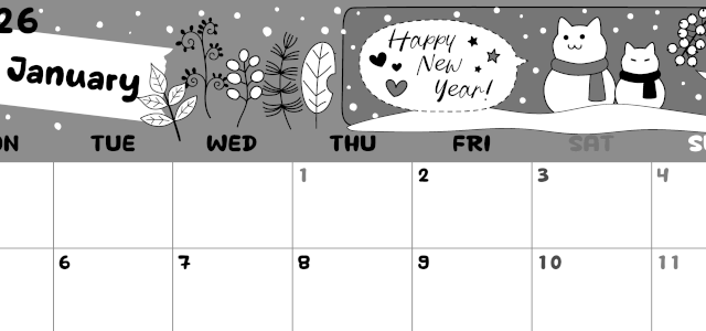 2026年1月横型モノクロの月曜始まり 雪と猫イラストのかわいいA4無料白黒カレンダー(2026-00380101)