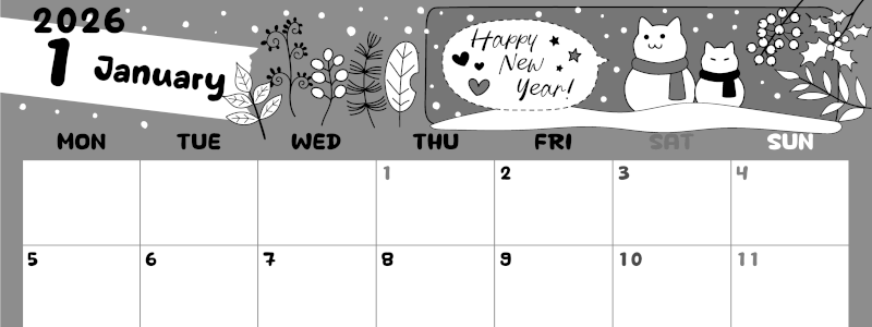 2026年1月横型モノクロの月曜始まり 雪と猫イラストのかわいいA4無料白黒カレンダー(2026-00380101)