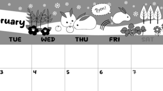 2026年2月横型モノクロの月曜始まり ポップかわいいイラストA4無料白黒カレンダー(2026-00380201)