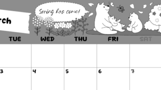 2026年3月横型モノクロの月曜始まり ポップかわいい白熊イラストのA4無料白黒カレンダー(2026-00380301)