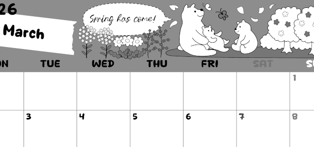 2026年3月横型モノクロの月曜始まり ポップかわいい白熊イラストのA4無料白黒カレンダー(2026-00380301)