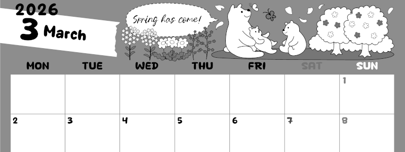 2026年3月横型モノクロの月曜始まり ポップかわいい白熊イラストのA4無料白黒カレンダー(2026-00380301)