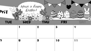 2026年4月横型モノクロの月曜始まり イースターエッグイラストのかわいいA4無料白黒カレンダー(2026-00380401)