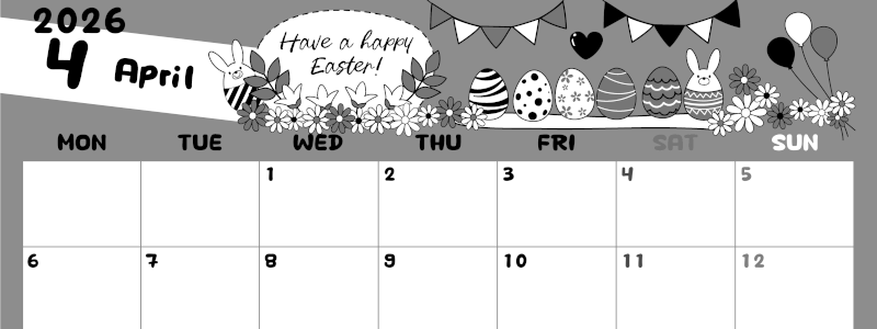 2026年4月横型モノクロの月曜始まり イースターエッグイラストのかわいいA4無料白黒カレンダー(2026-00380401)