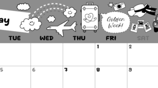 2026年5月横型モノクロの月曜始まり GWイラストのかわいいA4無料白黒カレンダー(2026-00380501)