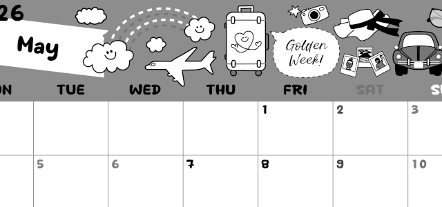 2026年5月横型モノクロの月曜始まり GWイラストのかわいいA4無料白黒カレンダー(2026-00380501)