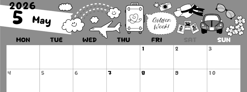 2026年5月横型モノクロの月曜始まり GWイラストのかわいいA4無料白黒カレンダー(2026-00380501)