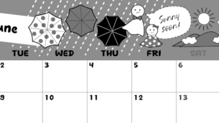 2026年6月横型モノクロの月曜始まり 季節イラストのかわいいA4無料白黒カレンダー(2026-00380601)