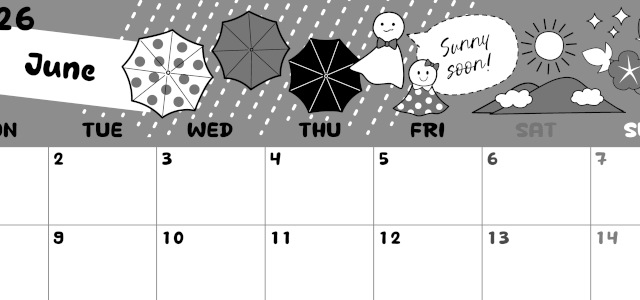 2026年6月横型モノクロの月曜始まり 季節イラストのかわいいA4無料白黒カレンダー(2026-00380601)