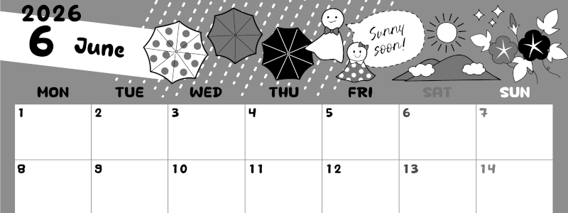 2026年6月横型モノクロの月曜始まり 季節イラストのかわいいA4無料白黒カレンダー(2026-00380601)