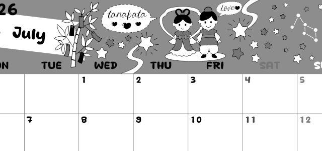 2026年7月横型モノクロの月曜始まり ポップなイラストがかわいいA4無料白黒カレンダー(2026-00380701)