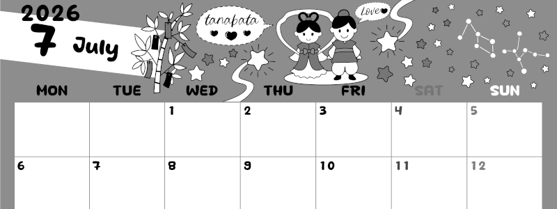 2026年7月横型モノクロの月曜始まり ポップなイラストがかわいいA4無料白黒カレンダー(2026-00380701)