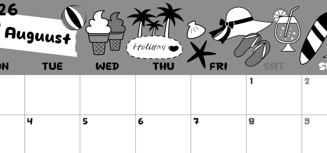 2026年8月横型モノクロの月曜始まり 海岸イラストのかわいいA4無料白黒カレンダー(2026-00380801)