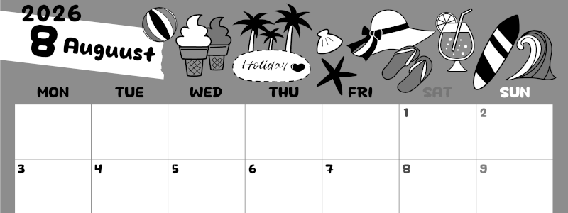 2026年8月横型モノクロの月曜始まり 海岸イラストのかわいいA4無料白黒カレンダー(2026-00380801)