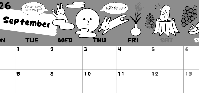 2026年9月横型モノクロの月曜始まり 森の動物イラストがかわいいA4無料白黒カレンダー(2026-00380901)