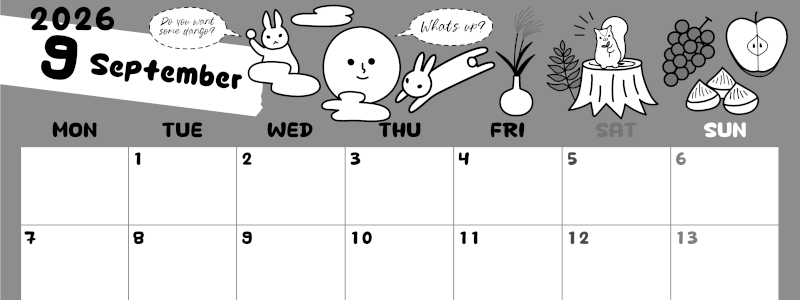 2026年9月横型モノクロの月曜始まり 森の動物イラストがかわいいA4無料白黒カレンダー(2026-00380901)