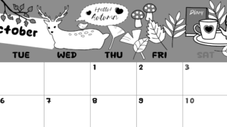 2026年10月横型モノクロの月曜始まり 鹿のイラストがかわいいA4無料白黒カレンダー(2026-00381001)