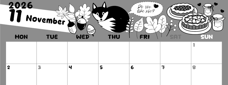 2026年11月横型モノクロの月曜始まり アップルパイのイラストがかわいいA4無料白黒カレンダー(2026-00381101)