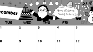 2026年12月横型モノクロの月曜始まり サンタのイラストがかわいいA4無料白黒カレンダー(2026-00381201)