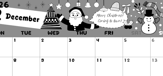 2026年12月横型モノクロの月曜始まり サンタのイラストがかわいいA4無料白黒カレンダー(2026-00381201)