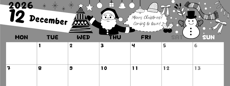 2026年12月横型モノクロの月曜始まり サンタのイラストがかわいいA4無料白黒カレンダー(2026-00381201)