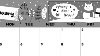 2026年1月横型モノクロの日曜始まり 雪だるま猫イラストのかわいいA4無料白黒カレンダー(2026-00380100)