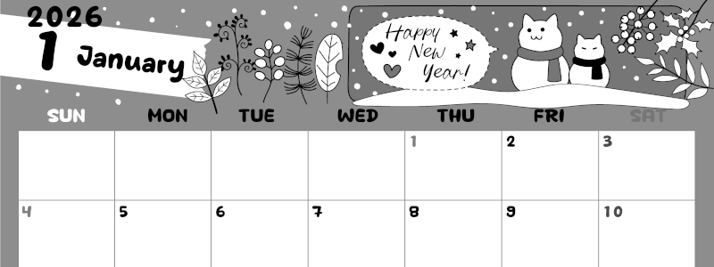 2026年1月横型モノクロの日曜始まり 雪だるま猫イラストのかわいいA4無料白黒カレンダー(2026-00380100)