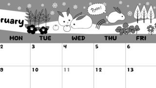 2026年2月横型モノクロの日曜始まり ポップかわいいイラストA4無料白黒カレンダー(2026-00380200)