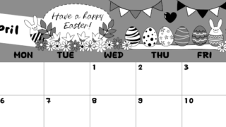 2026年4月横型モノクロの日曜始まり イースターエッグイラストのかわいいA4無料白黒カレンダー(2026-00380400)