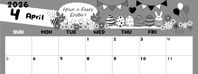 2026年4月横型モノクロの日曜始まり イースターエッグイラストのかわいいA4無料白黒カレンダー(2026-00380400)