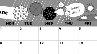 2026年6月横型モノクロの日曜始まり 季節イラストのかわいいA4無料白黒カレンダー(2026-00380600)