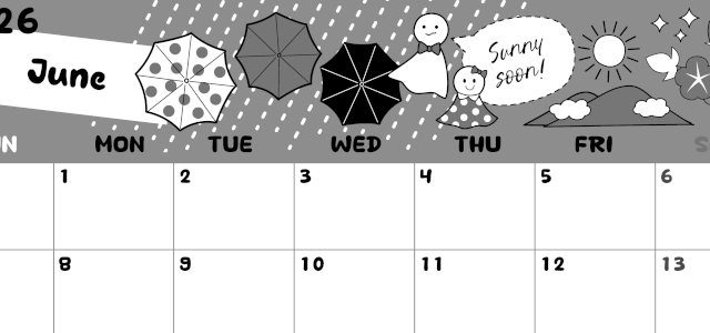 2026年6月横型モノクロの日曜始まり 季節イラストのかわいいA4無料白黒カレンダー(2026-00380600)