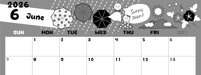 2026年6月横型モノクロの日曜始まり 季節イラストのかわいいA4無料白黒カレンダー(2026-00380600)