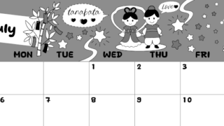 2026年7月横型モノクロの日曜始まり ポップなイラストがかわいいA4無料白黒カレンダー(2026-00380700)