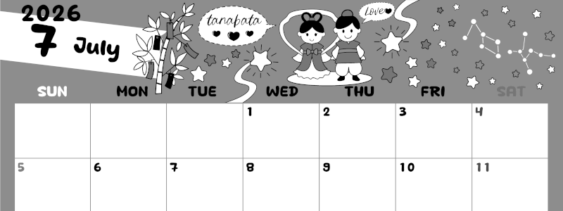 2026年7月横型モノクロの日曜始まり ポップなイラストがかわいいA4無料白黒カレンダー(2026-00380700)