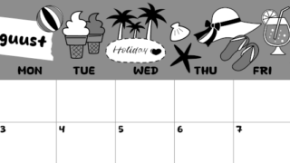 2026年8月横型モノクロの日曜始まり 海岸イラストのかわいいA4無料白黒カレンダー(2026-00380800)