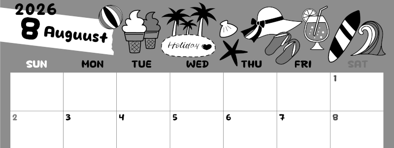 2026年8月横型モノクロの日曜始まり 海岸イラストのかわいいA4無料白黒カレンダー(2026-00380800)