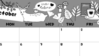 2026年10月横型モノクロの日曜始まり 鹿のイラストがかわいいA4無料白黒カレンダー(2026-00381000)