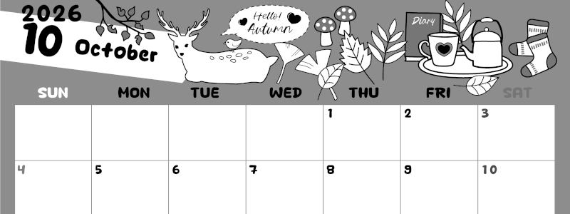 2026年10月横型モノクロの日曜始まり 鹿のイラストがかわいいA4無料白黒カレンダー(2026-00381000)