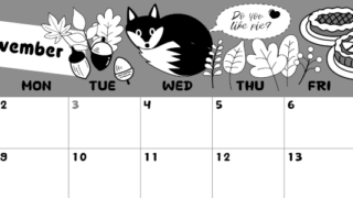 2026年11月横型モノクロの日曜始まり アップルパイのイラストがかわいいA4無料白黒カレンダー(2026-00381100)